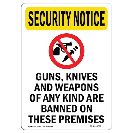 Signmission OSHA Security Sign, 5" Height, Guns Knives And Weapons With Symbol, Portrait OS-SN-D-35-V-11706